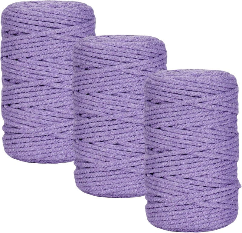 PHUNTTEK Macrame Cord 3mm x 164 Yards, 3 Rolls Purple Colored Macrame Cotton Cord Rope Kit Macrame Yarns Bulk String 4 Strands Twisted for Wall Hanger Plant Hanging DIY Crafts Knitting Macrame Supplies - Image 1